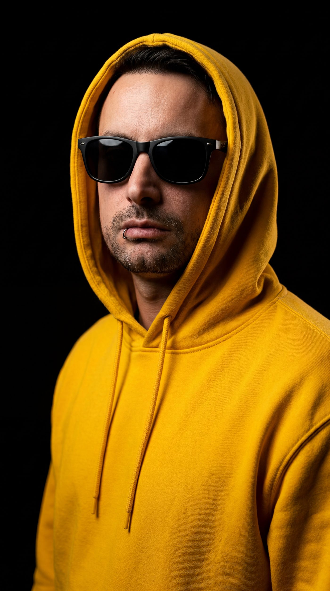 Emi Galván con buzo amarillo y lentes de sol